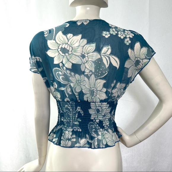 Blue and White Floral Sheer Top Y2K - Picture 2 of 6